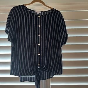 Navy & White button down shirt with tie at bottom